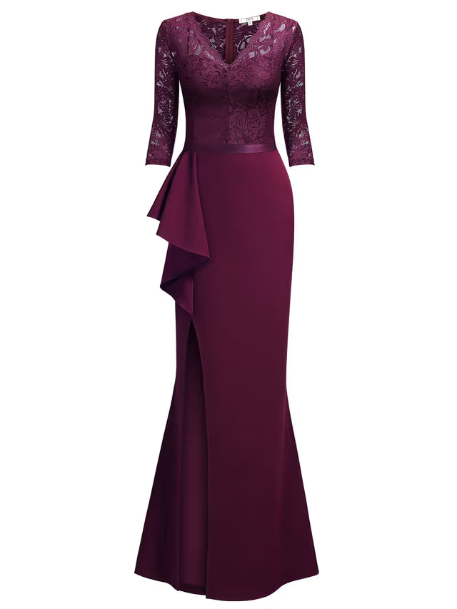MISSMAY Women's Vintage Floral Lace Ruffle Evening Dress – Burgundy Large