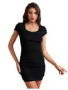 GORGLITTER Women's Ruched Short Sleeve Bodycon T Shirt Dress Sweetheart Neck Summer Pencil Mini Dresses Plain Black Small