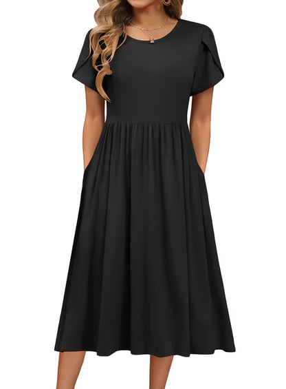 Women's A-Line Tunic Midi Dress Round Neck Short Sleeve Casual with Pockets – Black M