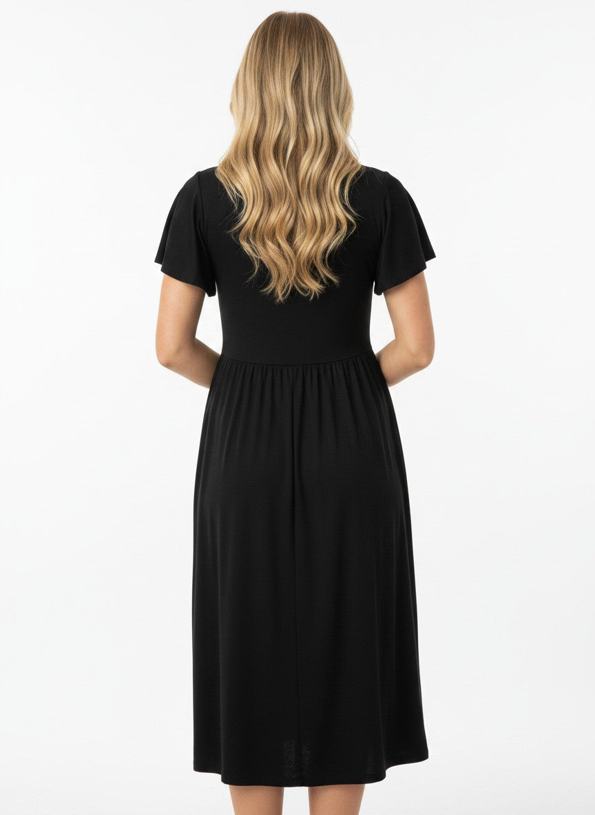 Women's A-Line Tunic Midi Dress Round Neck Short Sleeve Casual with Pockets – Black M