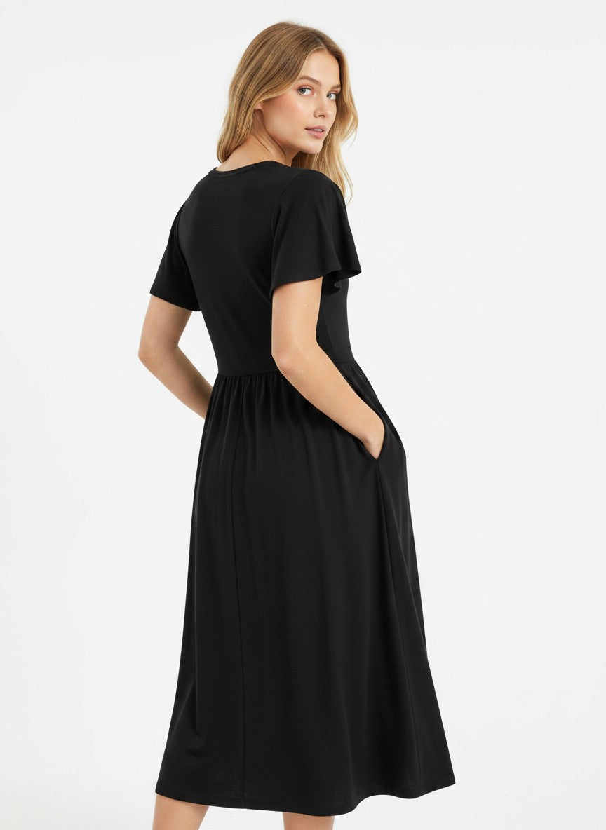 Women's A-Line Tunic Midi Dress Round Neck Short Sleeve Casual with Pockets – Black M