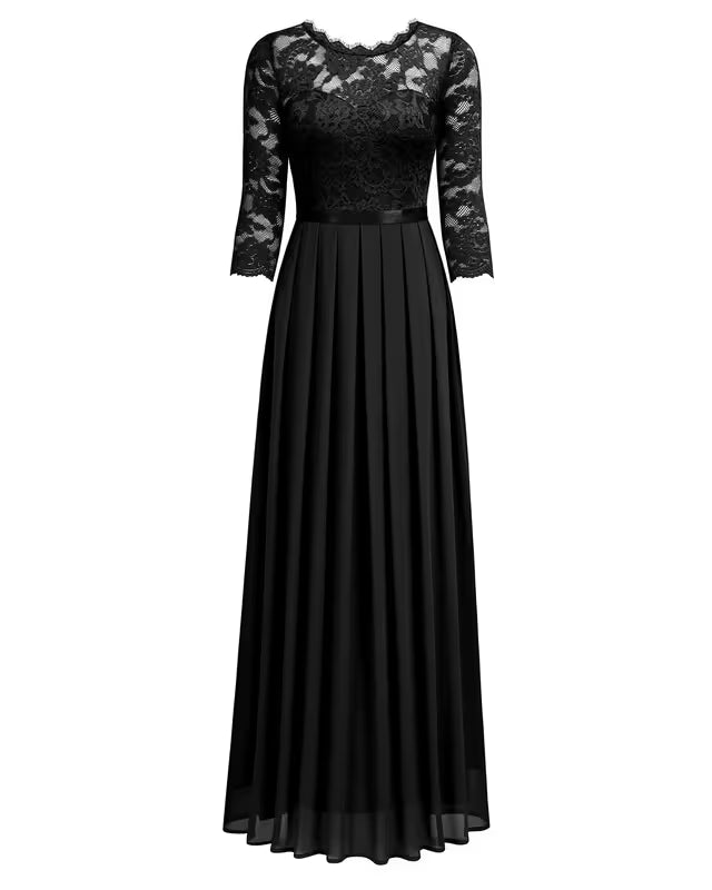 MIUSOL Women's Retro Floral Lace Maxi Dress 3/4 Sleeve Bridesmaid Gown – Black XL