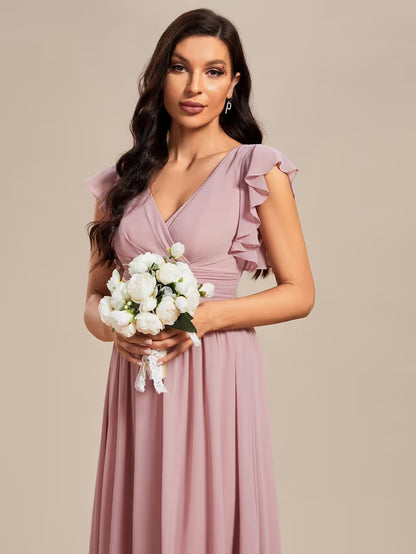 Women’s Chiffon A-Line Bridesmaid Dress Ruffle Sleeve – Dusty Rose UK 8