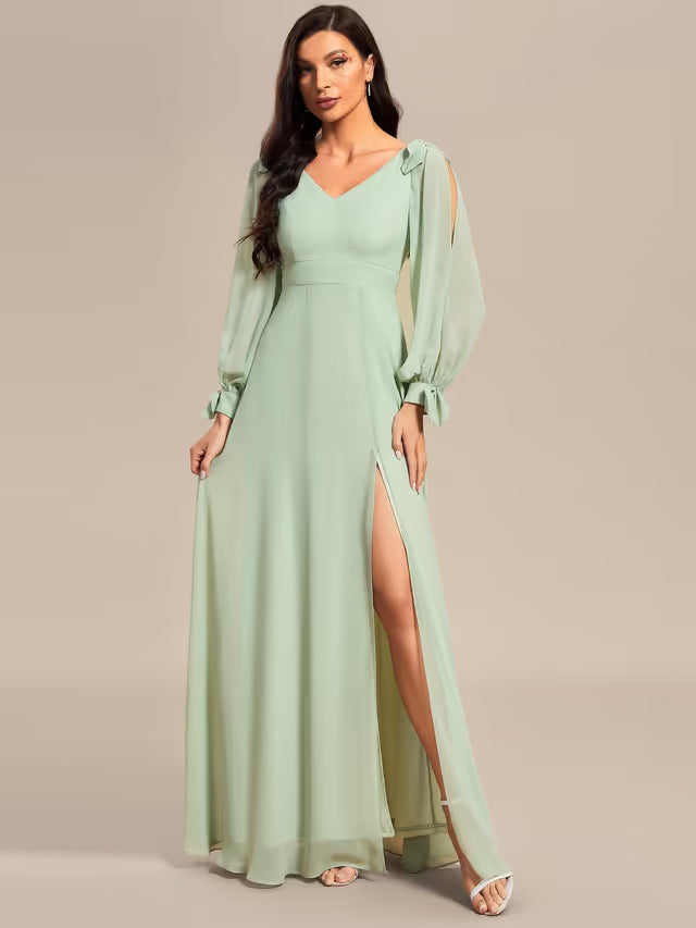 Chiffon Off-Shoulder A-Line Floor-Length Party Dress V-Neck Thigh Slit – Mint Green UK 16