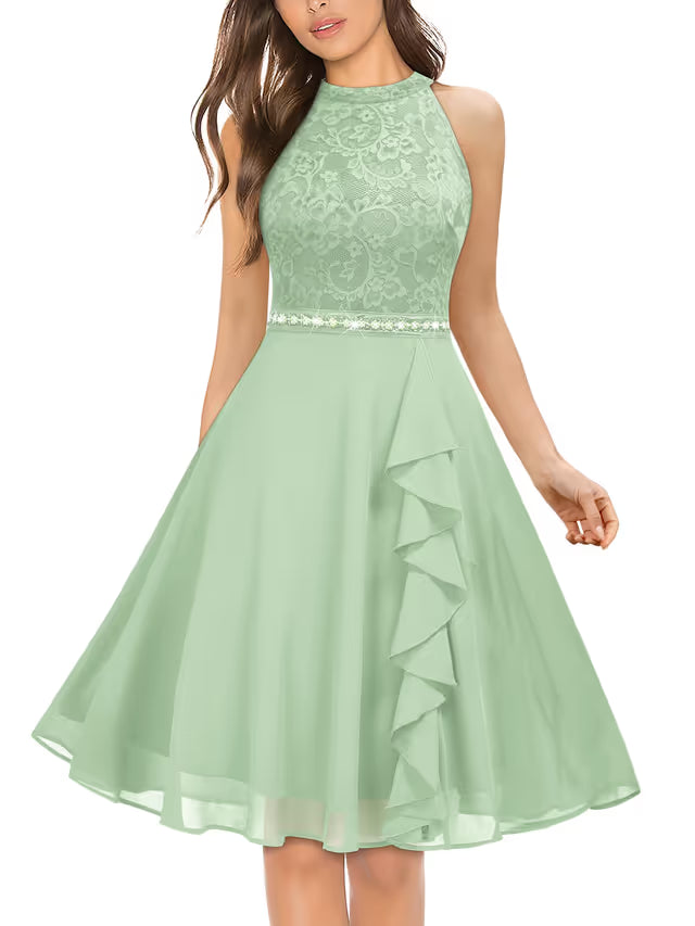 Floral Lace Sequin Halterneck Swing Dress with Belt – Mint Green M