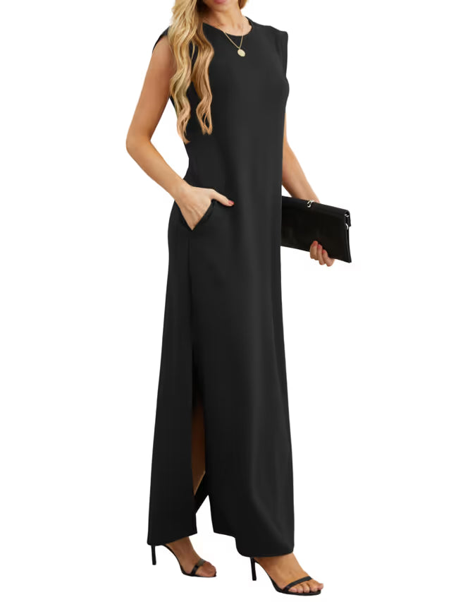Women's Casual Summer Maxi Dress with Pockets – Black Size XXL