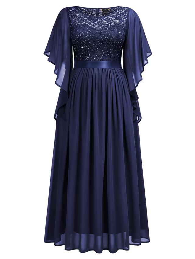 Plus Size Chiffon Sequin Lace Evening Long Dress Butterfly Sleeve – Navy 3XL