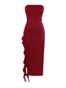 Ruffle Trim Asymmetrical Tube Dress Strapless Bodycon Cocktail Maxi – Red Large