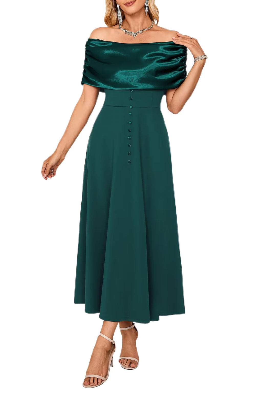 Newshows Off Shoulder Elegant Ruched Swing Dress Women Size Medium Green Zipper