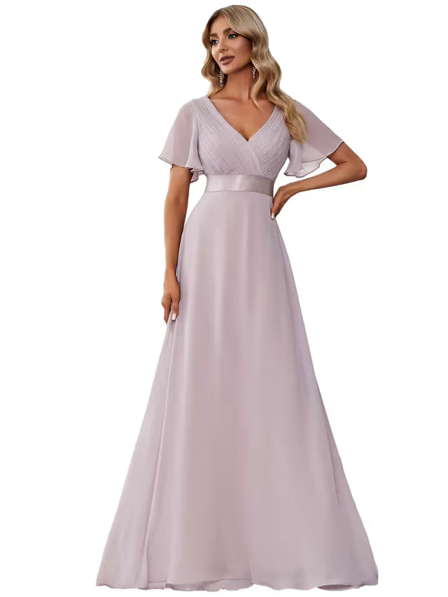 Ever-Pretty Double V-Neck Chiffon Bridesmaid Dress Empire Waist Short Flutter Sleeves – Lilac UK12
