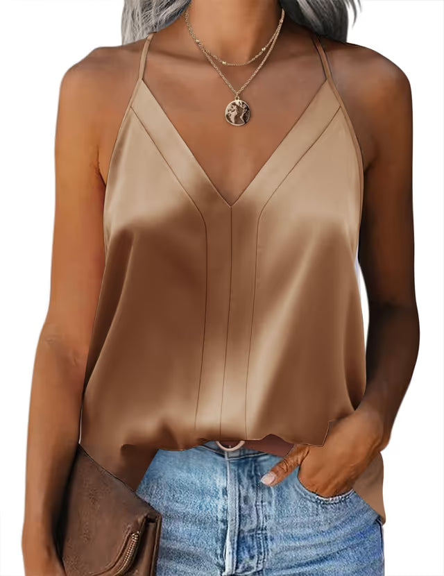 Women's Silk Tank Top V-neck Adjustable Straps – Khaki M