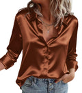 Women's Satin V-Neck Long Sleeve Button-Down Blouse Office Shirt – Brown XL