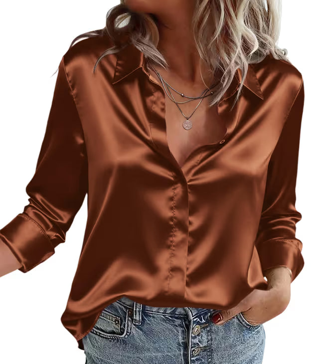 Women's Satin V-Neck Long Sleeve Button-Down Blouse Office Shirt – Brown XL