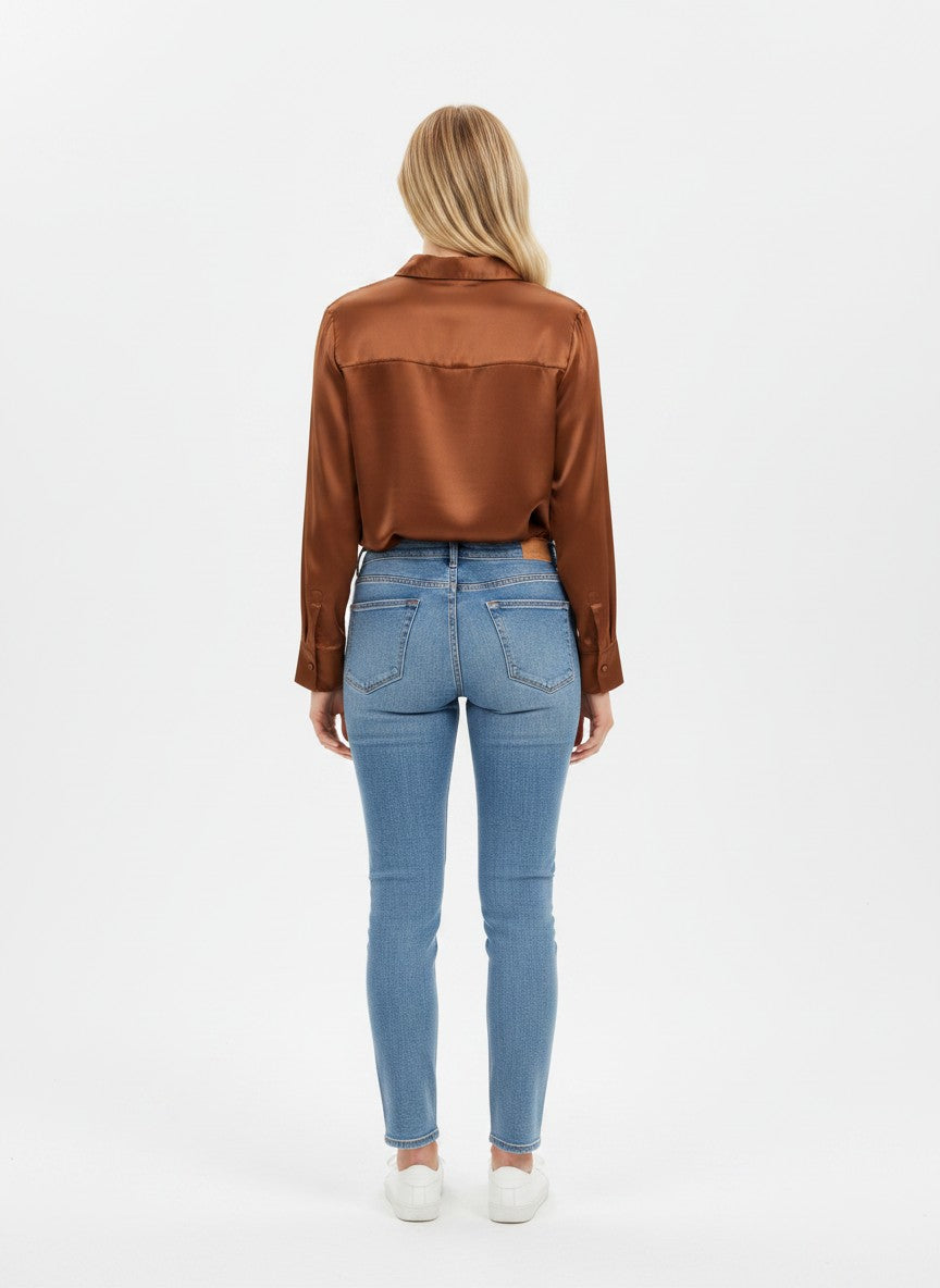 Women's Satin V-Neck Long Sleeve Button-Down Blouse Office Shirt – Brown XL