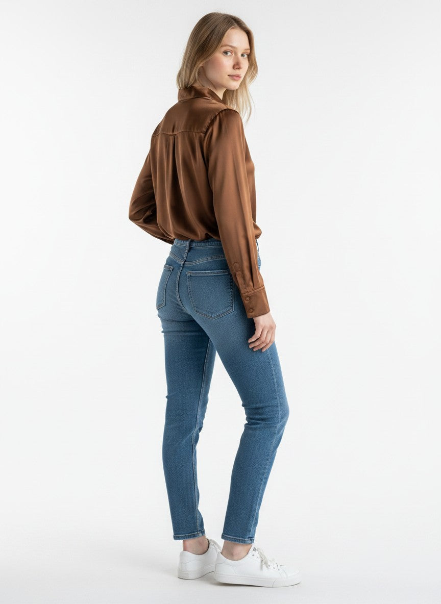 Women's Satin V-Neck Long Sleeve Button-Down Blouse Office Shirt – Brown XL