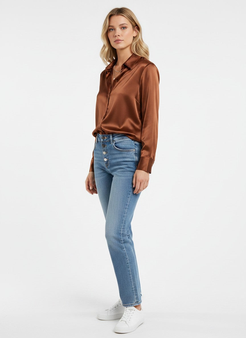 Women's Satin V-Neck Long Sleeve Button-Down Blouse Office Shirt – Brown XL