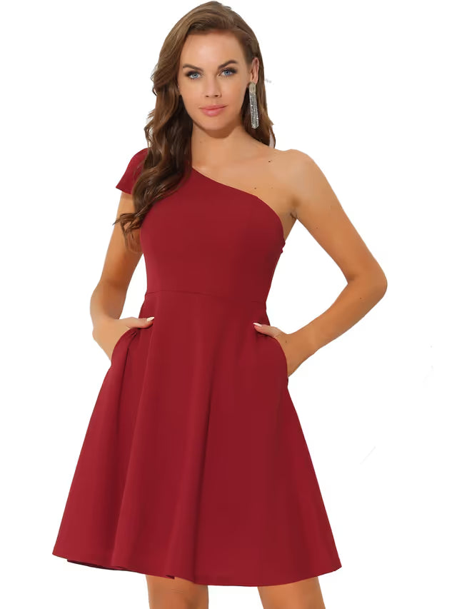 Allegra K A-line Cocktail Dress Bow One Shoulder with Pockets – Red 16