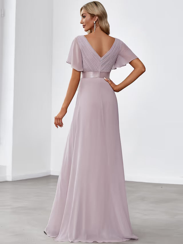 Ever-Pretty Double V-Neck Chiffon Bridesmaid Dress Empire Waist Short Flutter Sleeves – Lilac UK12