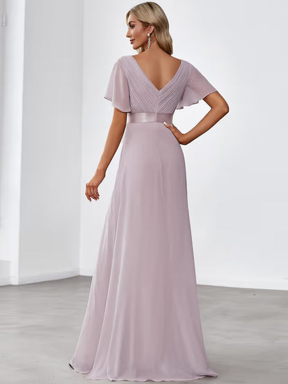 Ever-Pretty Double V-Neck Chiffon Bridesmaid Dress Empire Waist Short Flutter Sleeves – Lilac UK12