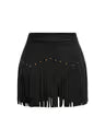 Women's Vintage Hippie Fringe Skirt Faux Suede High Waisted A-Line – Black Medium