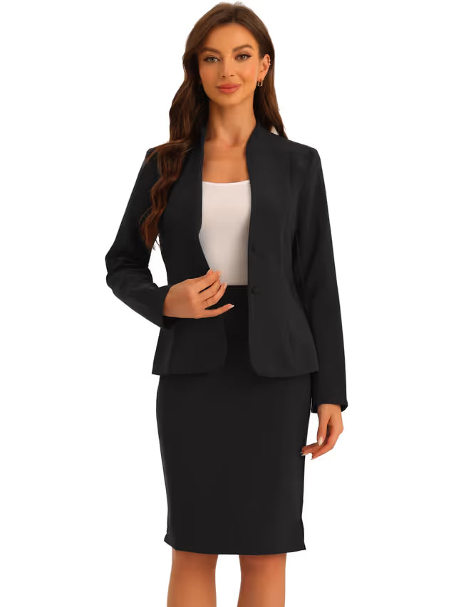 Allegra K 2-Piece Skirt Suit Collarless Blazer Pencil Skirt Office Business – Black L