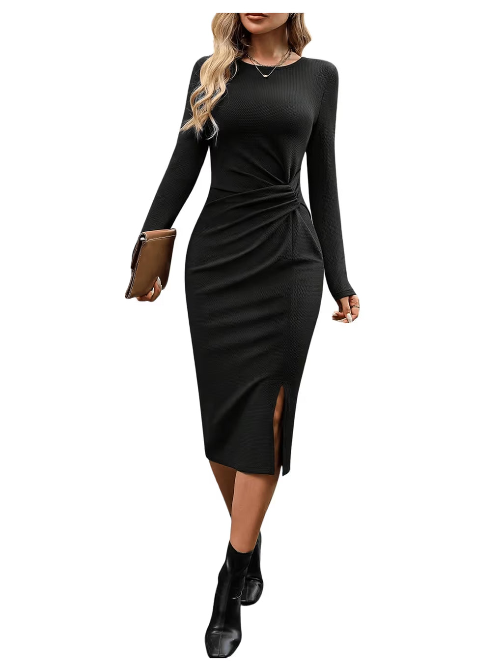 Gorglitter Bodycon Midi Dress Women's Size XL Black Long Sleeves Twist Front