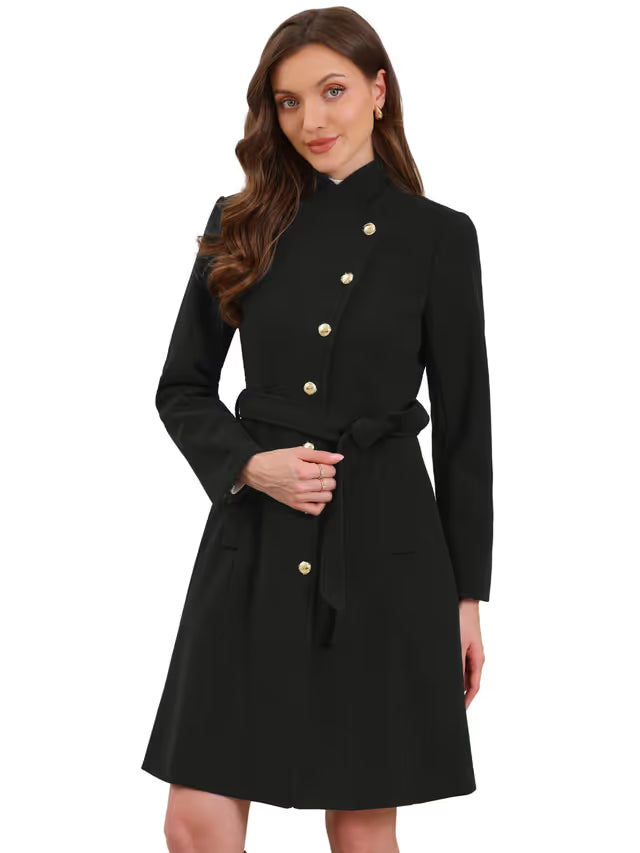 Women's Pea Coat Winter Stand Collar Button Down Outerwear with Belt – Black XL