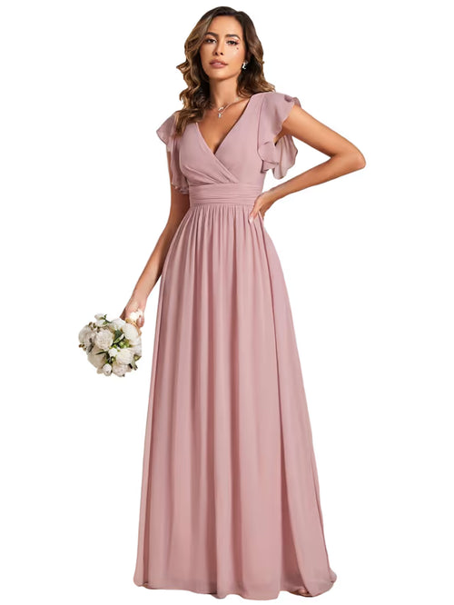 Women’s Chiffon A-Line Bridesmaid Dress Ruffle Sleeve – Dusty Rose UK 8