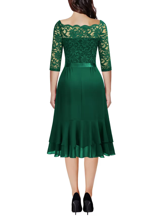 Women's Off-Shoulder Lace Chiffon Midi Dress 2/3 Sleeve Double Hem – Dark Green XL