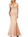 Women's Floral Lace Sequin Cap-Sleeve Fishtail Maxi Dress – Champagne S