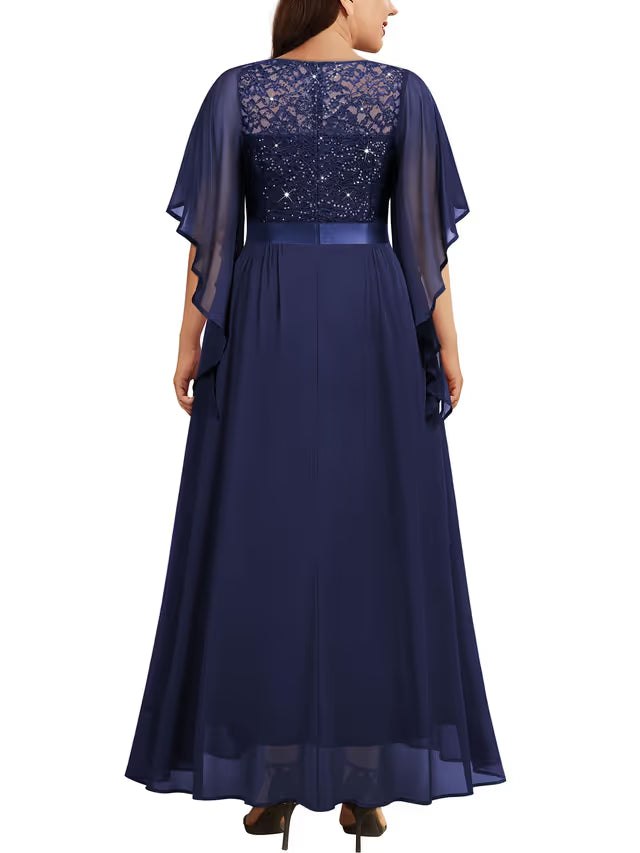 Plus Size Chiffon Sequin Lace Evening Long Dress Butterfly Sleeve – Navy 3XL