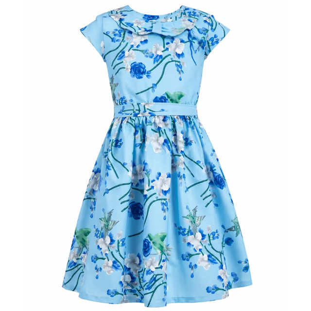 Girls Floral Dress Sleeveless Knee-Length Party Casual – Blue Age 7-8