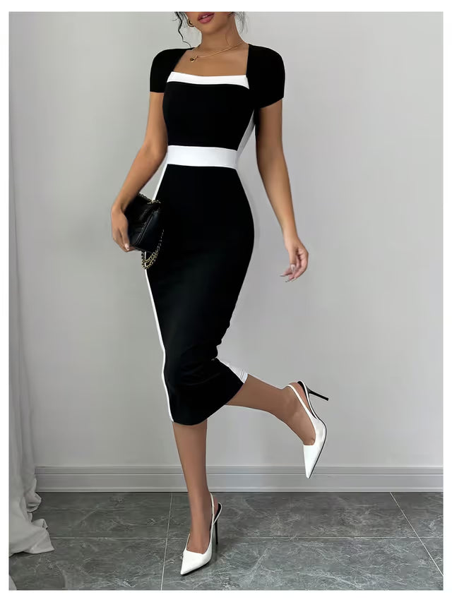Women’s Square Neck Bodycon Midi Dress Colourblock Short Sleeve - Black/White S