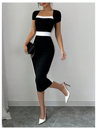 Women’s Square Neck Bodycon Midi Dress Colourblock Short Sleeve - Black/White S