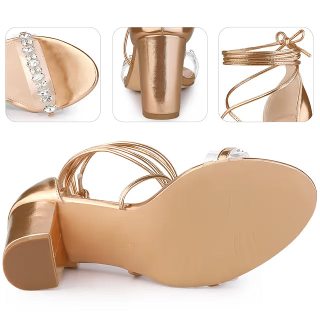 Crystal Rhinestone Lace-Up Open Toe Chunky Heel Sandals