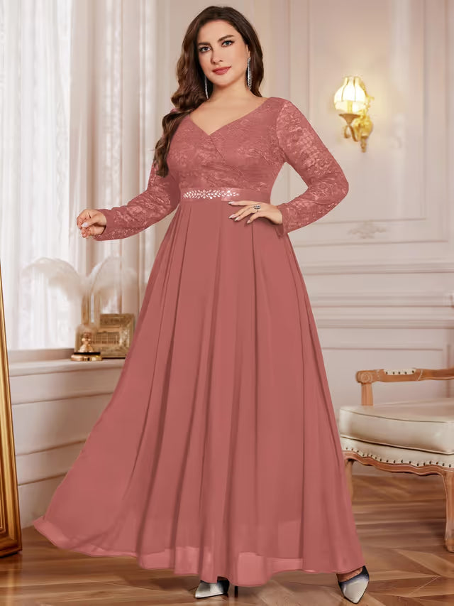 Plus-Size Floral Lace Chiffon Lantern Sleeve Rhinestone Waist Maxi Dress Formal – Dusty Pink 3XL