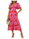 GORGLITTER Women's Floral A-Line Midi Dress V Neck Short Sleeve Split Thigh – Pink X-Large