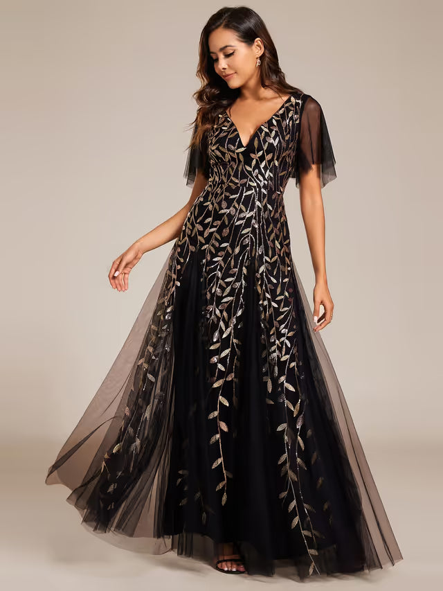 V Neck A-Line Tulle Evening Dress Short Sleeve Elegant – Black Gold 18UK
