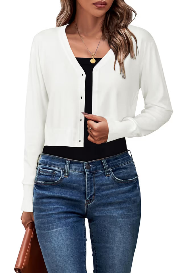 Womens Cropped Cardigan Lightweight V Neck Knit – White M