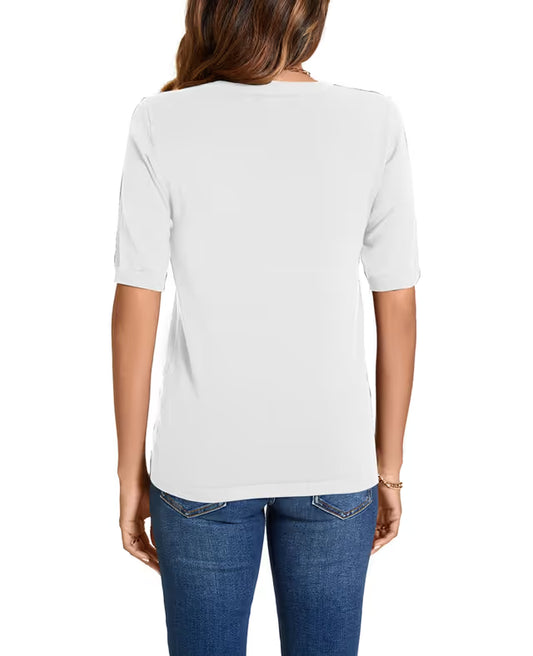 Women’s Summer Knit Sweater Short Sleeve Crew Neck Pullover – White