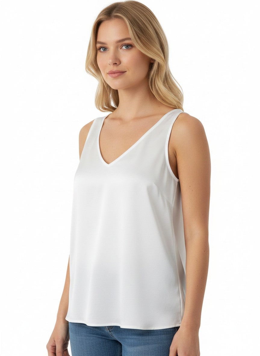 Women's Satin V-Neck Cami Tank Loose Fit – White L
