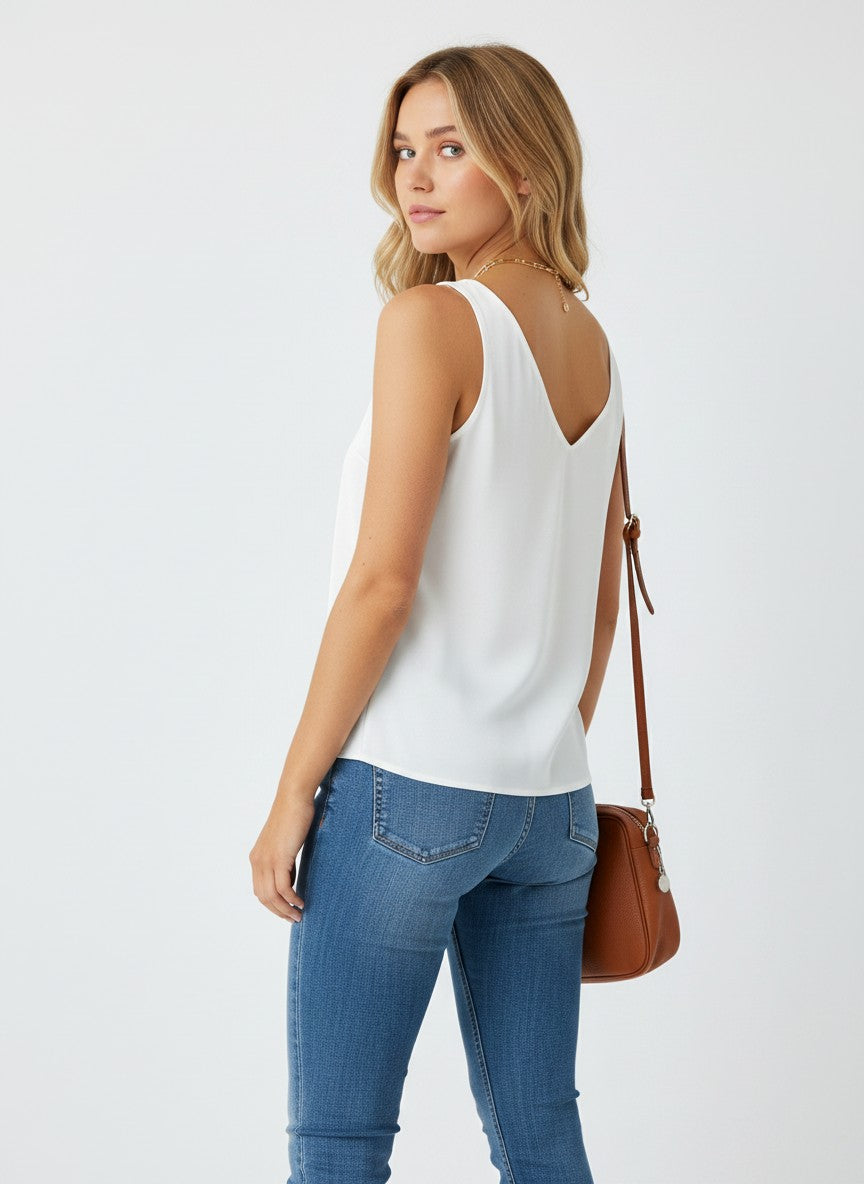 Women's Satin V-Neck Cami Tank Loose Fit – White L