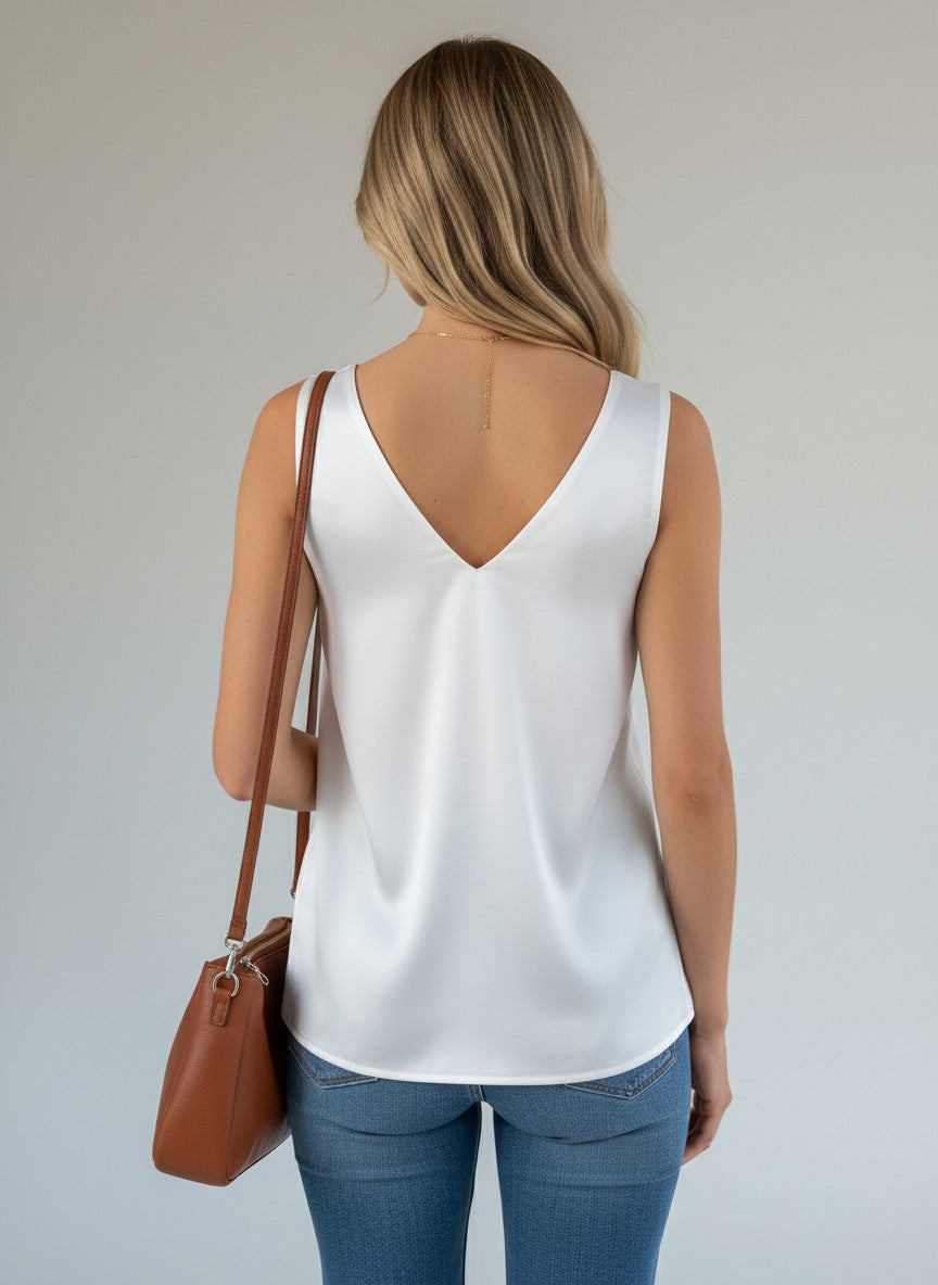 Women's Satin V-Neck Cami Tank Loose Fit – White L