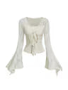 GORGLITTER Women's V Neck Tie Front Bell Sleeve T-Shirt Lace Sheer 2 in 1 Top – Apricot Medium