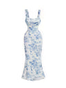 Women's Floral Fishtail Long Tank Dress Sleeveless Bodycon Cocktail Dress – Blue/White XS