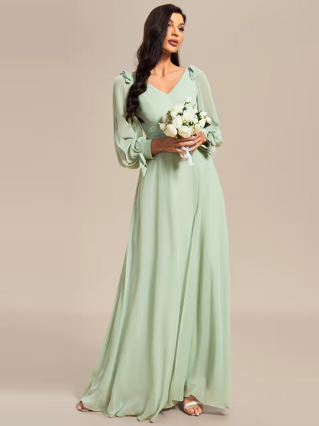 Chiffon Off-Shoulder A-Line Floor-Length Party Dress V-Neck Thigh Slit – Mint Green UK 16