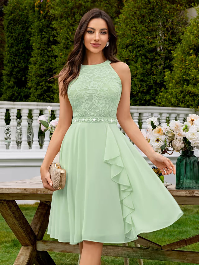 Floral Lace Sequin Halterneck Swing Dress with Belt – Mint Green M