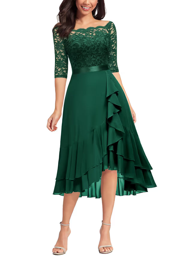 Women's Off-Shoulder Lace Chiffon Midi Dress 2/3 Sleeve Double Hem – Dark Green XL