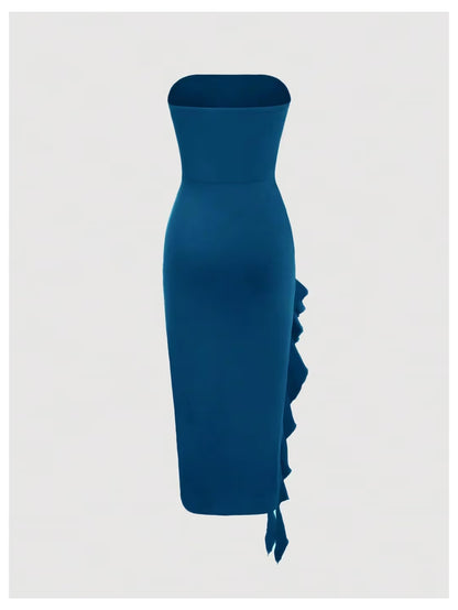 Ruffle Trim Asymmetrical Tube Maxi Bodycon Dress Women's Size XS Blue Pull On