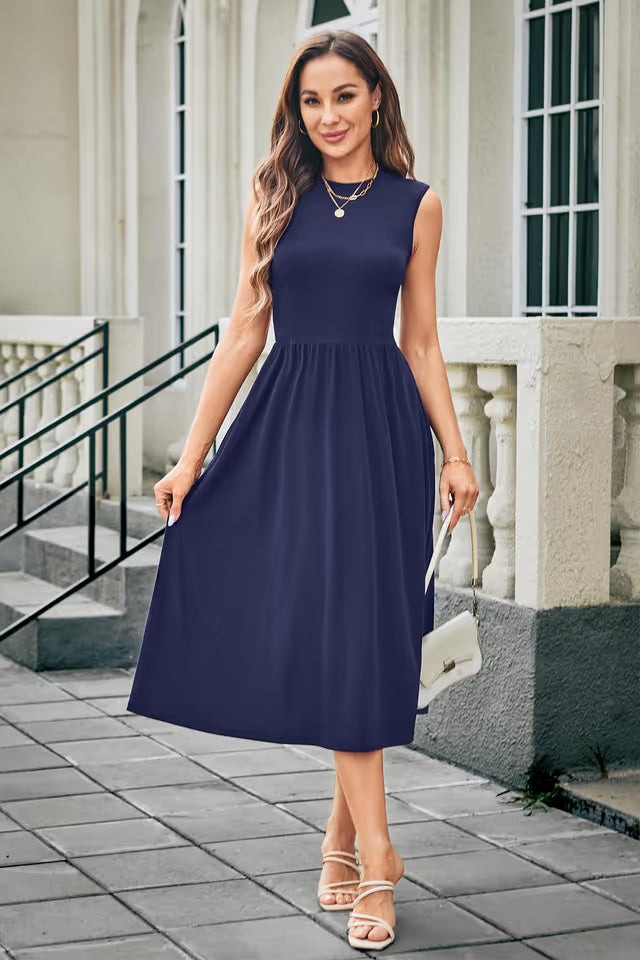 Ladies Summer Midi Sundress Casual Work Dress with Pockets – Navy Blue L